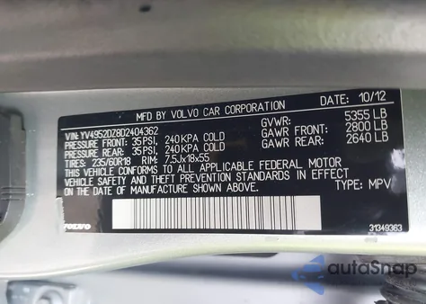 2013 Volvo Xc60 3.2/3.2 Platinum/3.2 Premier/3.2 Premier Plus from USA, damaged, VIN YV4952DZ8D2404362